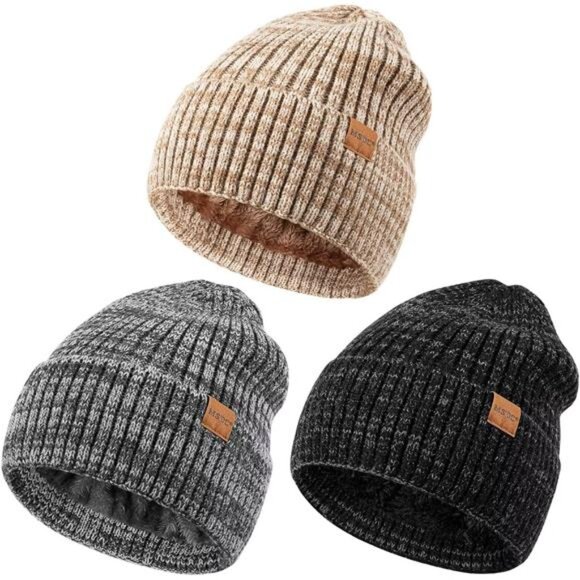 3 Pack Men's Winter Hats Warm Fleece Lined Beanie Skull Cap